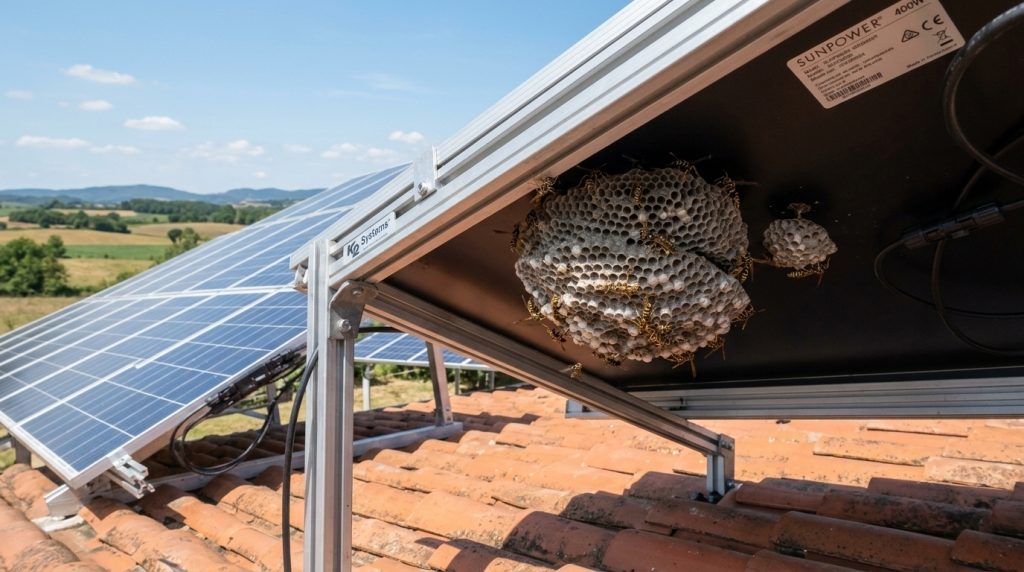 Quels dangers résultent de la présence d’un nid de guêpes sous des panneaux solaires ?